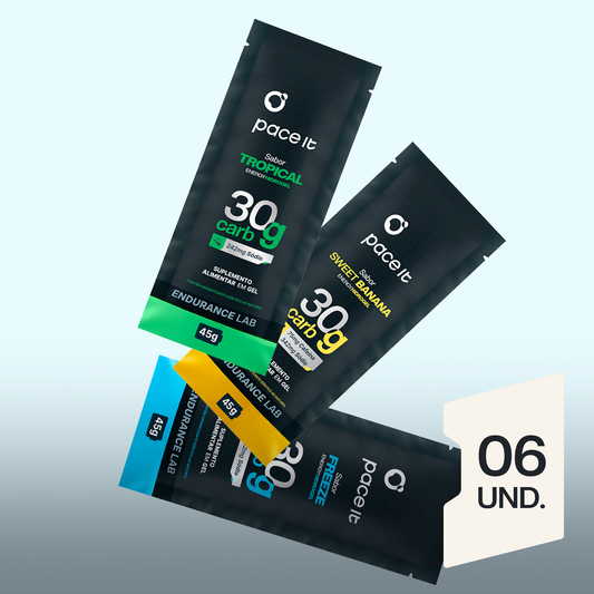 3 géis de carboidrato pace it tropical sweet banana e freeze frontal fundo azul 6 unidades