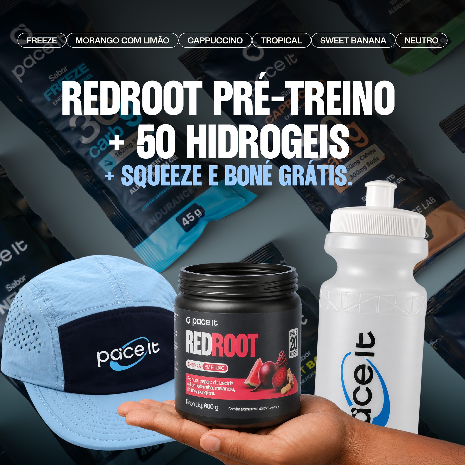 Kit REDROOT 465mg Nitrato + 50 hidrogeis +Brindes: Boné Baixa Pace (It) & Squeeze